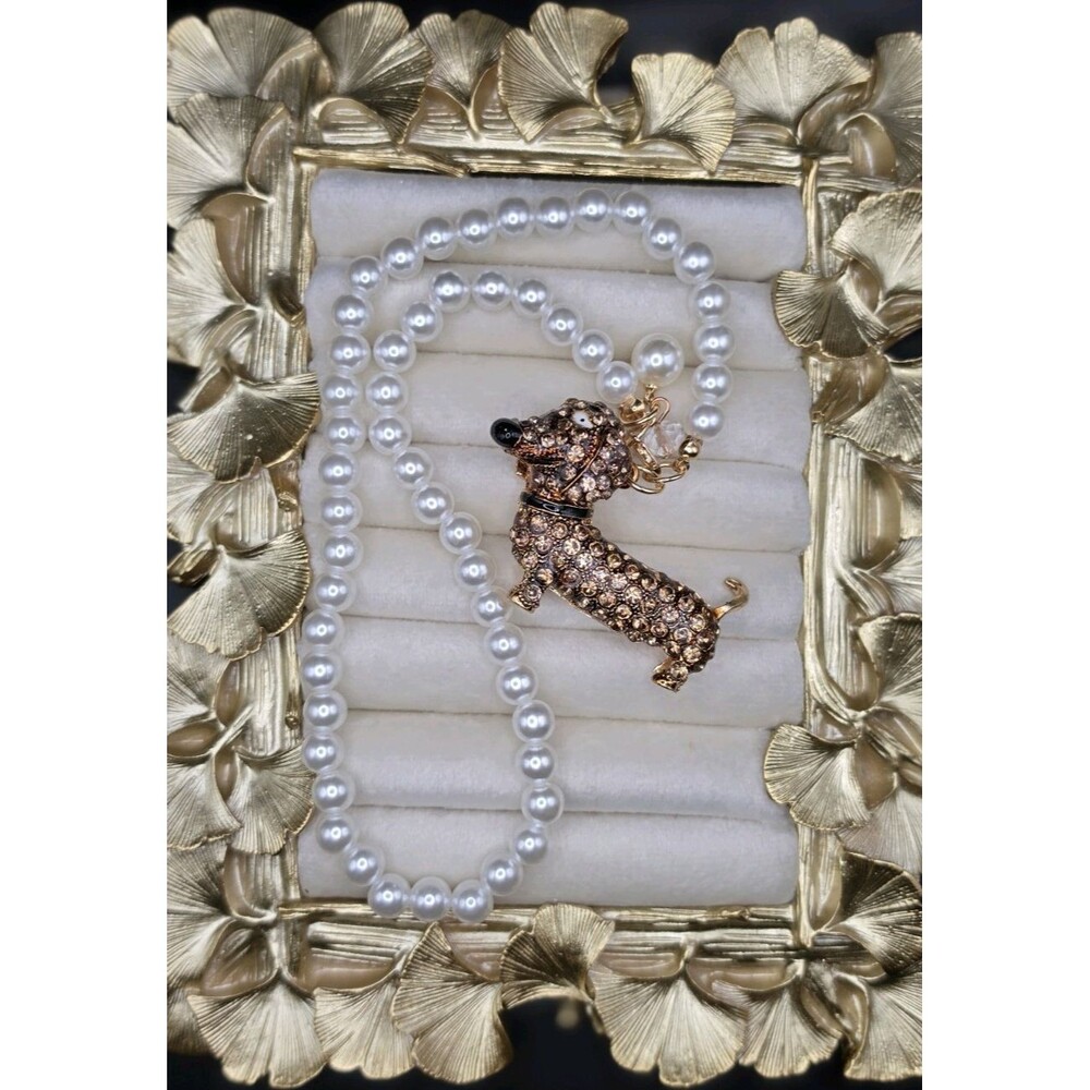 Gold Tone Dog Charm Crystal Pearl Beaded Necklace Animal Theme